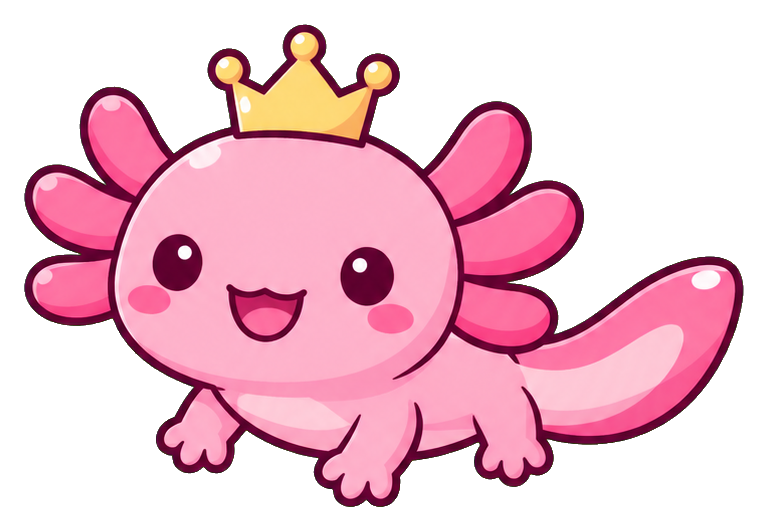 Cute pink axolotl with a small crown and smiling cartoon face