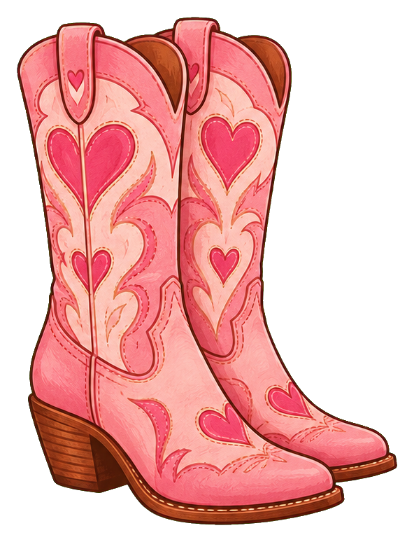 Pair of pink cowgirl boots decorated with heart designs and western stitching