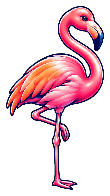 Pink flamingo standing on one leg with a curved neck and tropical style