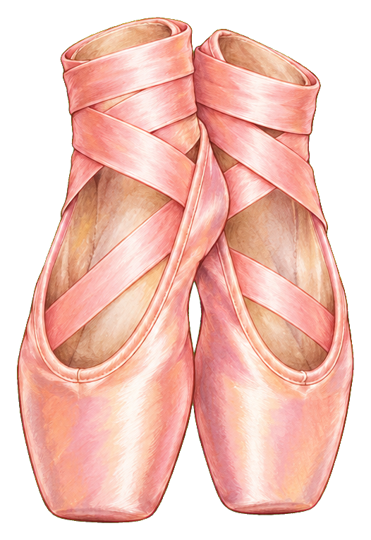 Pair of pink satin ballet pointe shoes shown from above.