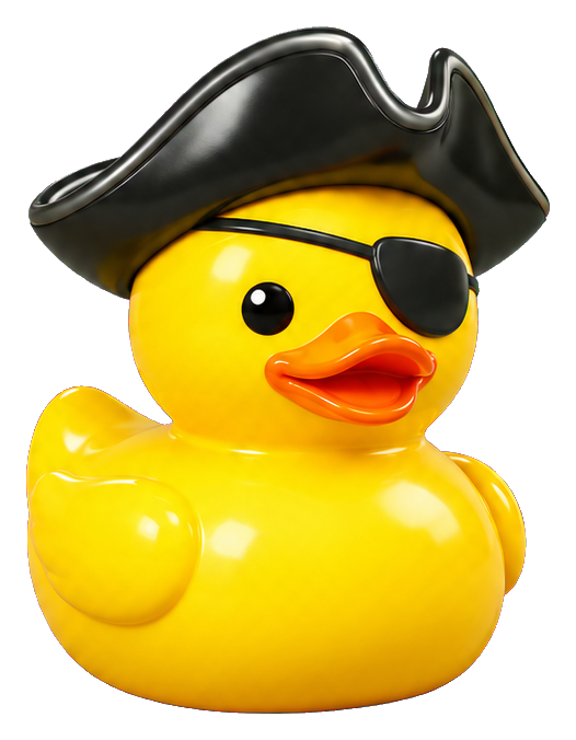 Yellow rubber duck wearing a black pirate hat and eyepatch