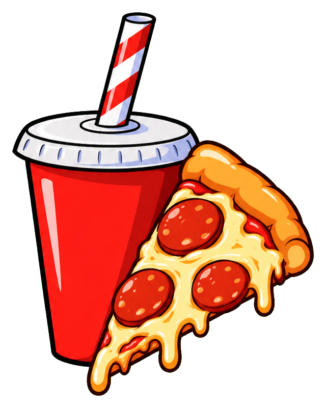 Red soda cup with a striped straw beside a slice of pepperoni pizza.