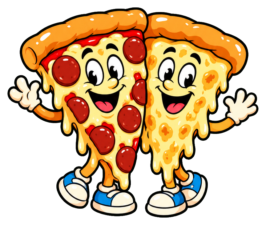 Two smiling cartoon pizza slices with arms and shoes standing together.