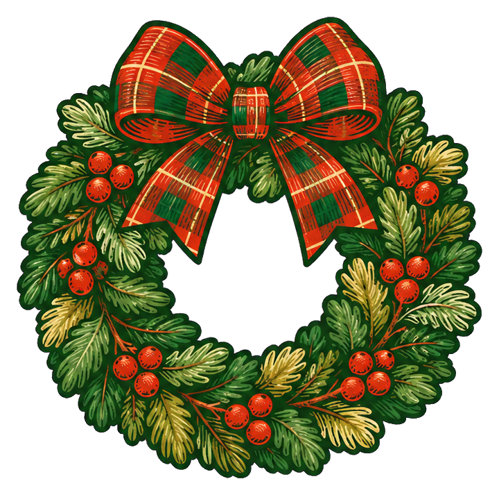 Christmas wreath sticker with plaid bow, berries, and evergreen foliage