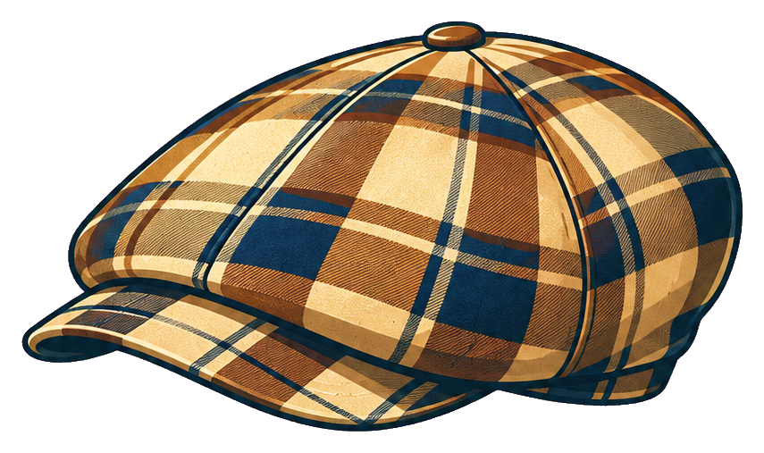 A plaid golf cap with tan, blue, and orange stripes.