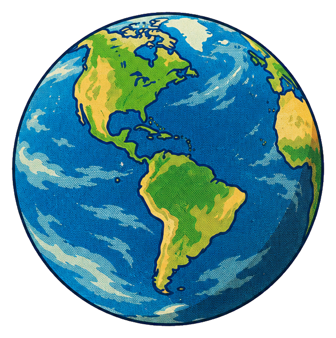 Illustrated Planet Earth with visible continents and blue oceans in a circular sticker shape.