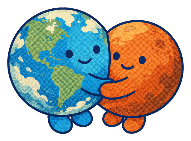 Two smiling cartoon planets hugging, one blue and green and one orange, with feet.