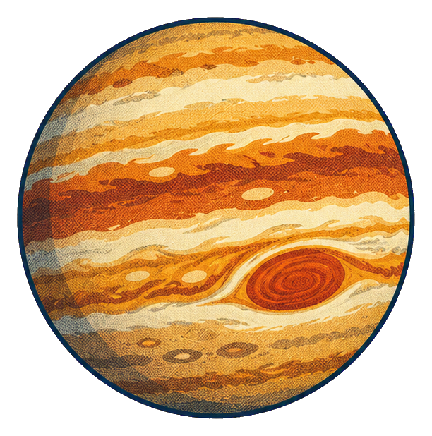Illustrated planet Jupiter with orange bands and a visible storm swirl