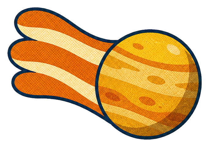 Orange planet with a trailing comet tail sticker graphic