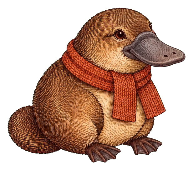 Platypus wearing a scarf in a detailed sticker illustration.