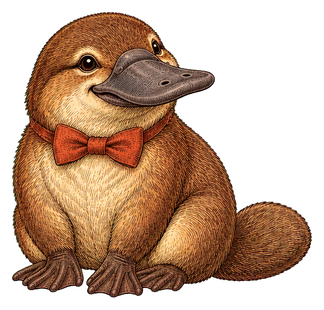 Platypus wearing a bow tie sitting upright as a sticker graphic with a transparent background.