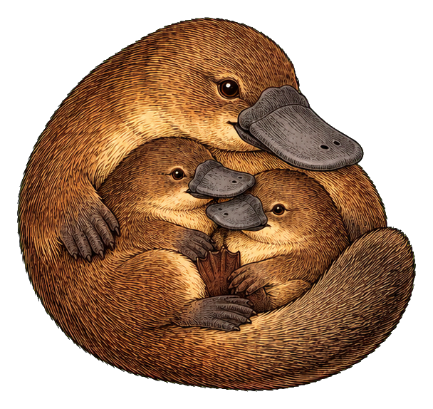 Vintage-style platypus mother curled around her puggles