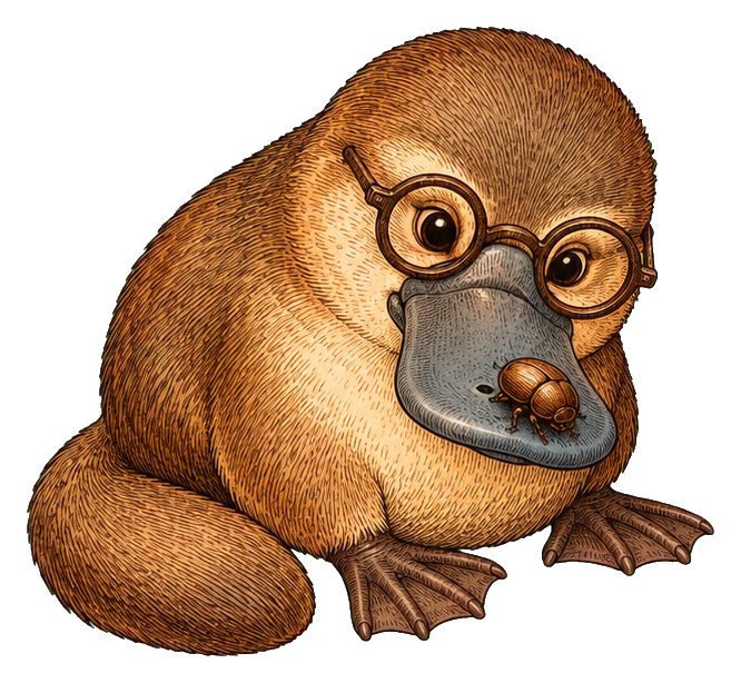 Curious platypus wearing round glasses and studying a beetle, sitting with a transparent background.