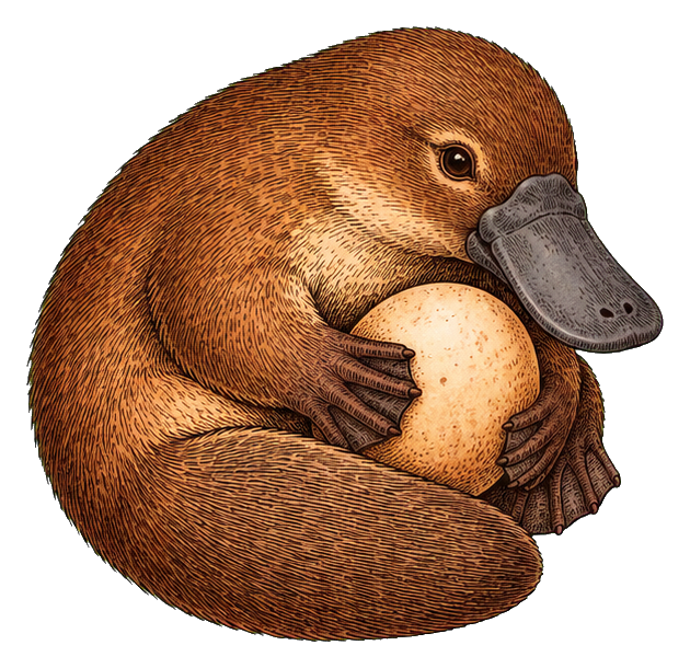 Vintage-style platypus holding an egg with a transparent background.