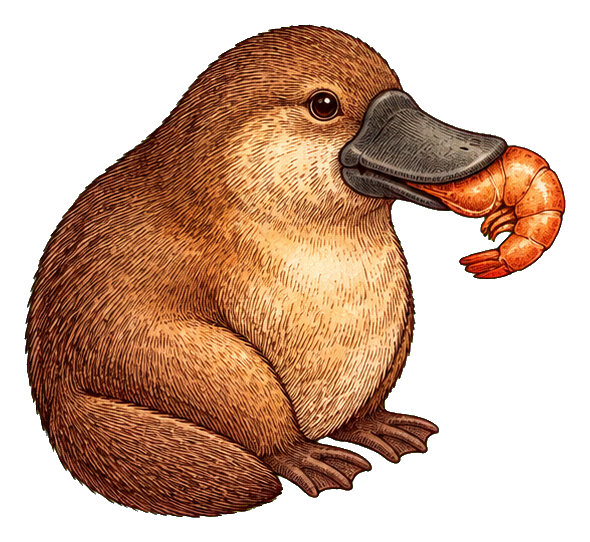 Vintage platypus holding a shrimp with a transparent background.