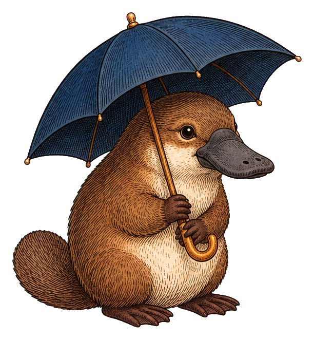 Vintage platypus holding an umbrella in a detailed illustrated sticker style.