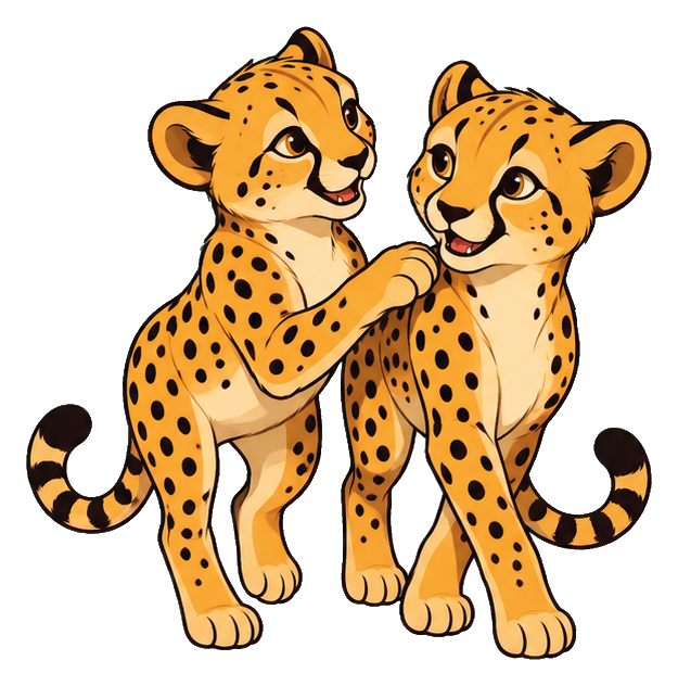 Two playful cheetah cubs standing together with spots and curled tails.