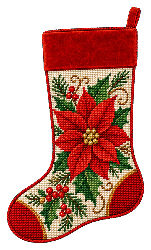 Red Christmas stocking with poinsettia flowers and holly decoration