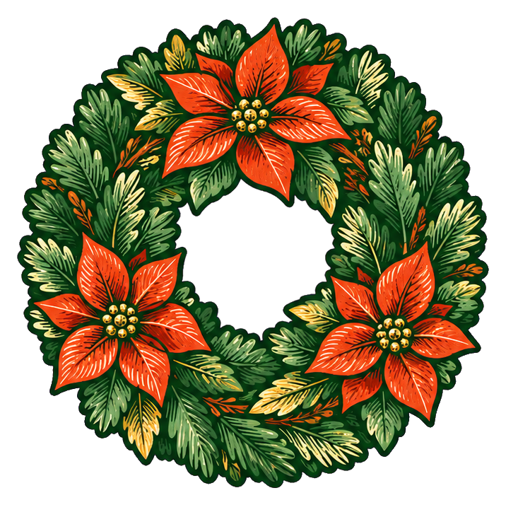 Poinsettia and evergreen wreath with red flowers and pine needles
