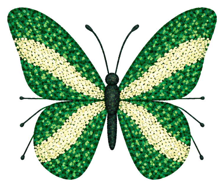Emerald and cream pointillist butterfly sticker with dotted wings spread open