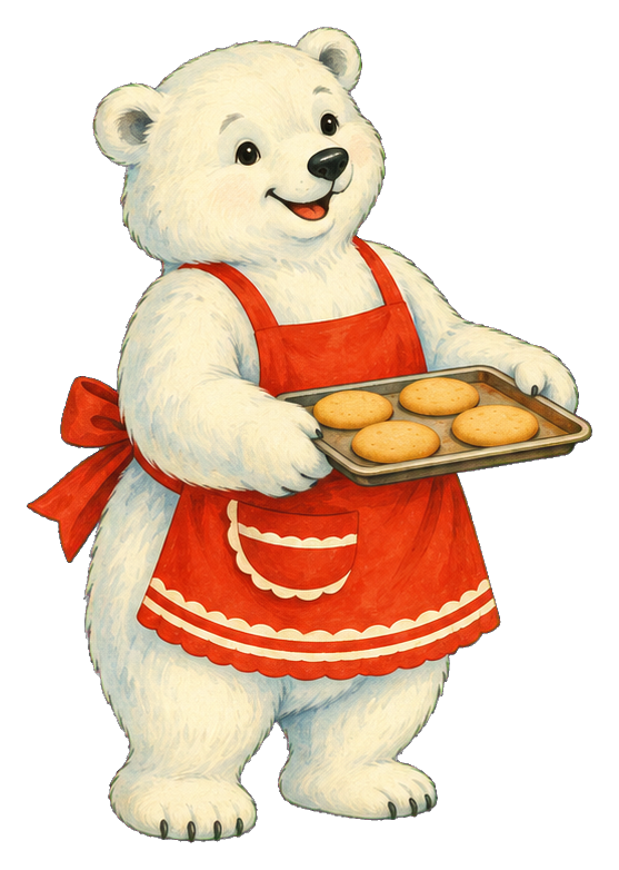 Cute polar bear in a red apron holding a tray of cookies