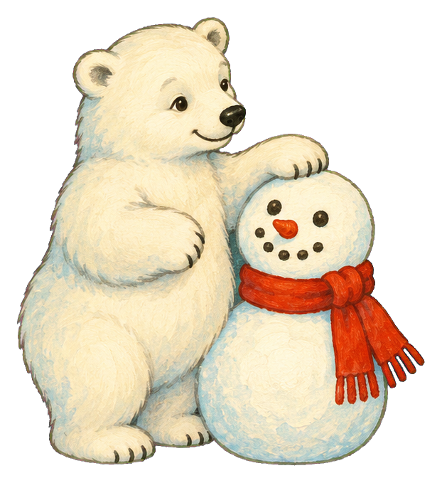 Cute polar bear standing beside a snowman with a red scarf