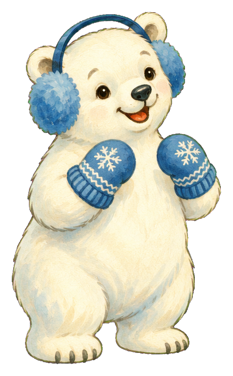 Cute polar bear wearing blue earmuffs and matching mittens