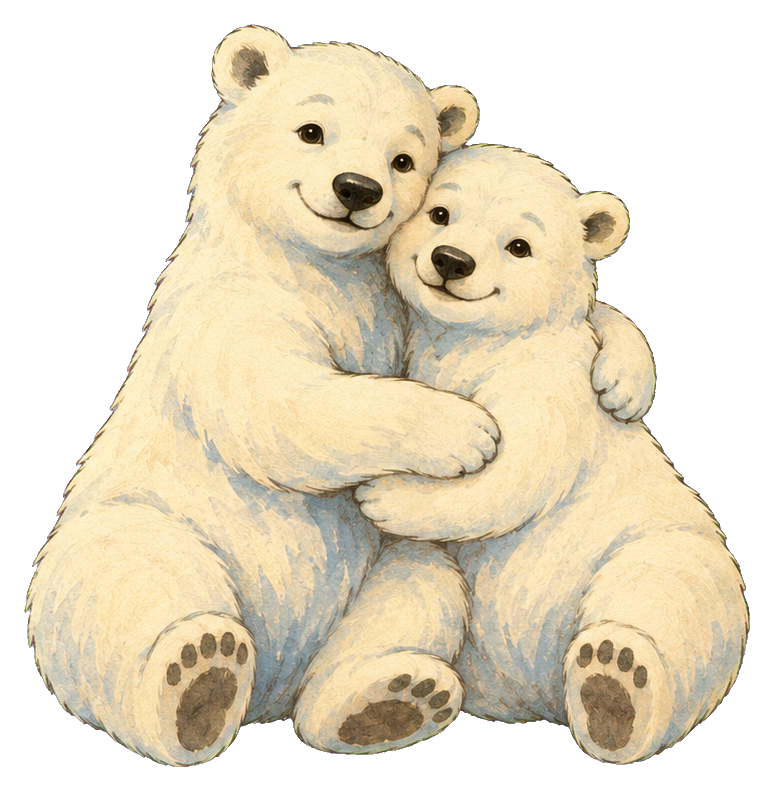 Two cute polar bears sitting together in a hugging pose