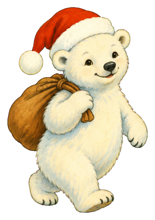 Cute white polar bear wearing a red Santa hat and carrying a brown sack