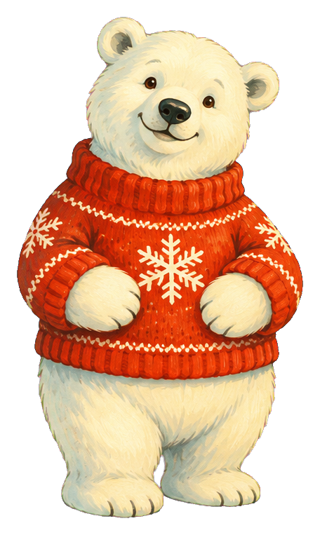 Cute polar bear wearing a red winter sweater with white snowflake pattern