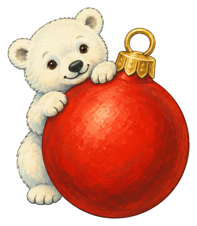Cute polar bear holding a red Christmas ornament ball