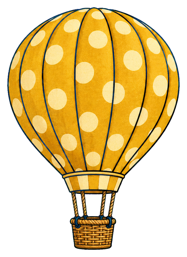 Vintage hot air balloon with polka dots and a woven basket