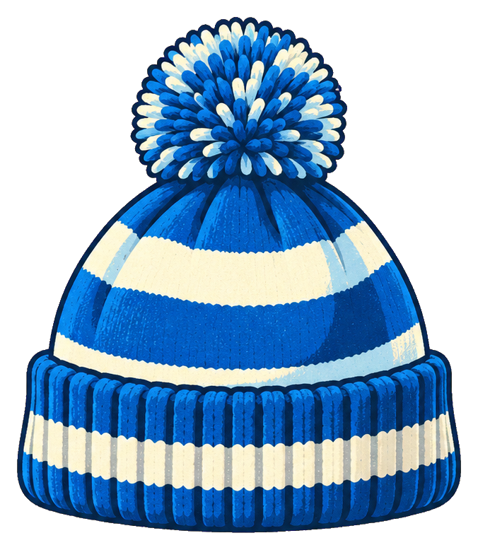 Blue and white striped ski beanie with a pom-pom on top