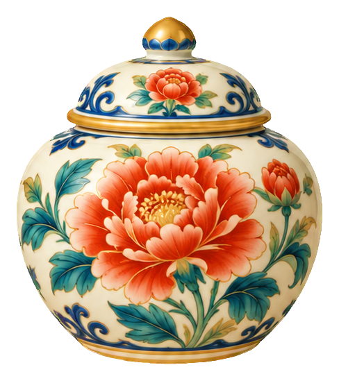 Porcelain vase-shaped jar with painted peony flowers and blue floral accents