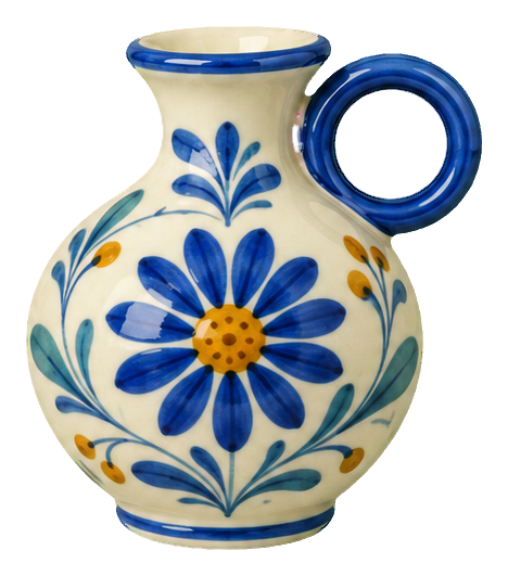 Porcelain vase with a blue floral design and a round ring handle.