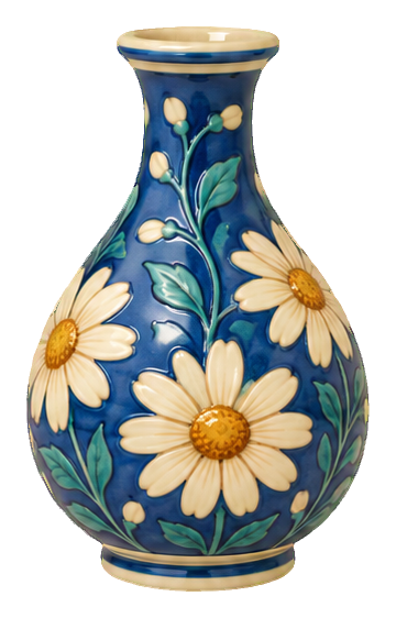 Blue porcelain bottle vase with white daisy flowers and green leaves
