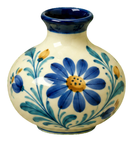 Round porcelain vase with blue daisy flowers and curved floral leaves