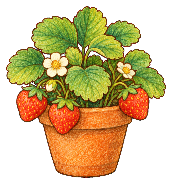 Potted strawberry plant with green leaves, white flowers, and ripe strawberries