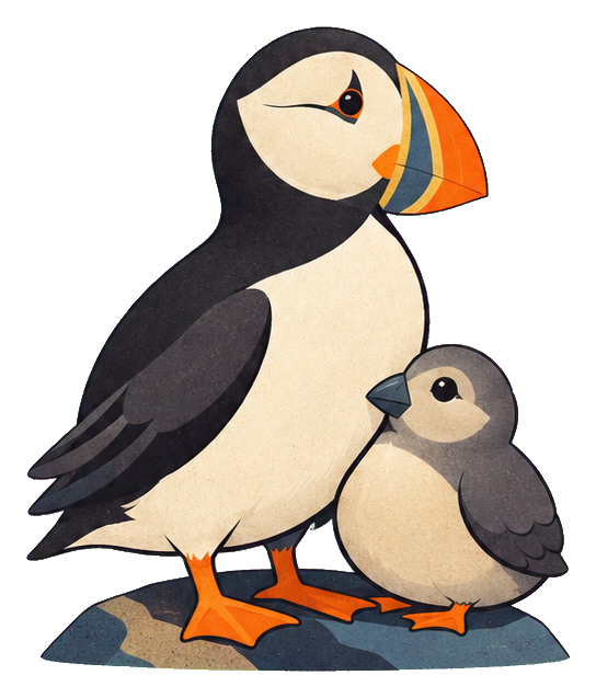A puffin standing beside a small puffling on a rock
