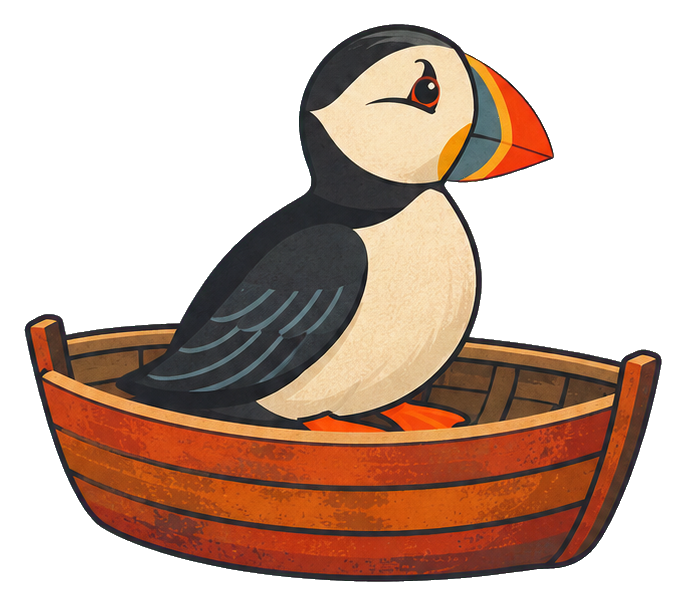 Cute puffin sitting in a wooden boat sticker graphic