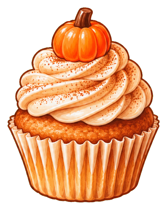 Frosted pumpkin spice cupcake with orange topping and a whole pumpkin on top