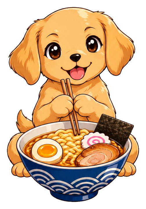 Cute puppy holding chopsticks while eating a bowl of ramen noodles.