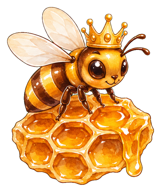Cute queen honeybee with a crown sitting on a dripping honeycomb.