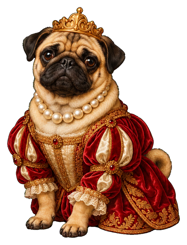 Pug wearing a crown, pearl necklace, and red royal robe like a queen.