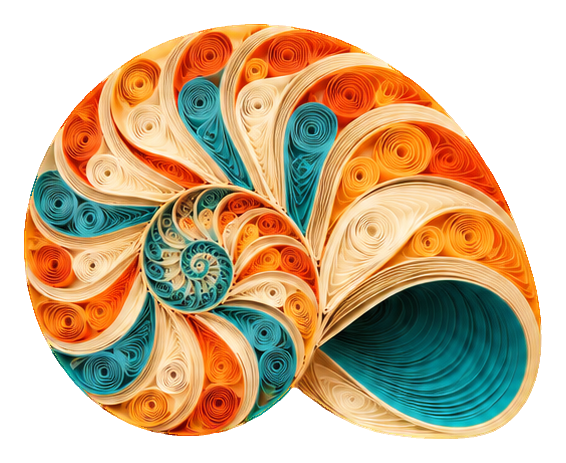 Colorful quilled nautilus shell with curled paper-like sections and orange, teal, and cream tones