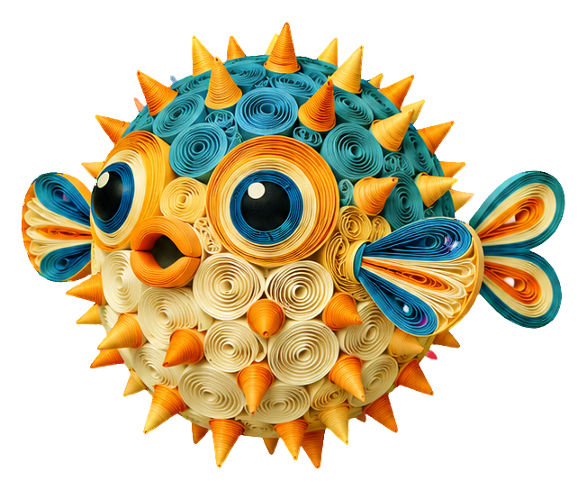 Round quilled pufferfish with blue and yellow paper curl details and spiky fins