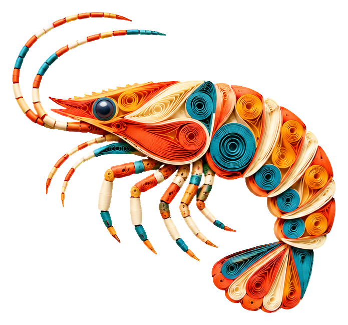 Colorful quilled shrimp illustration with curled body and striped tail