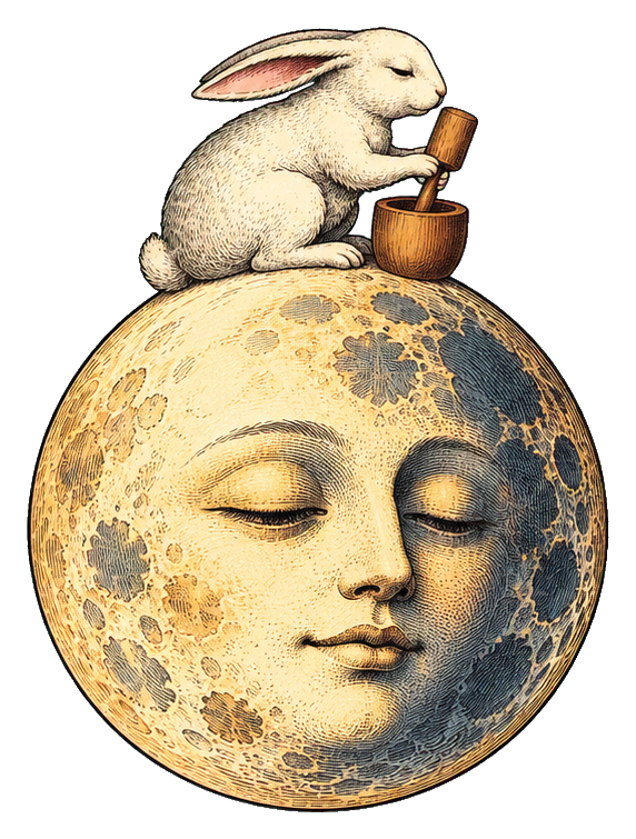 Rabbit resting on a cratered moon with a serene face and stars above
