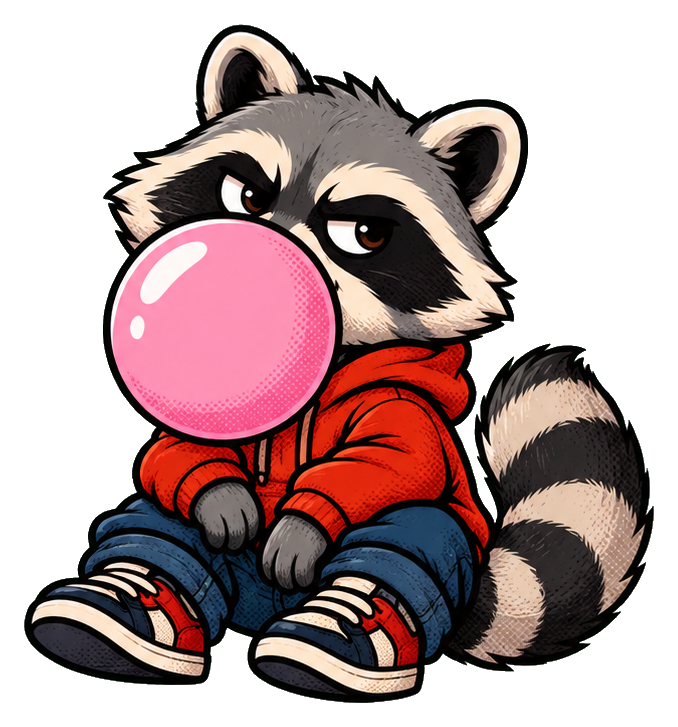 Cartoon raccoon in a red hoodie sitting with a pink bubble gum bubble.