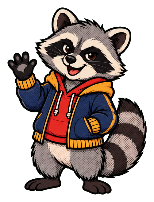 Cartoon raccoon waving and smiling in a hoodie and jacket